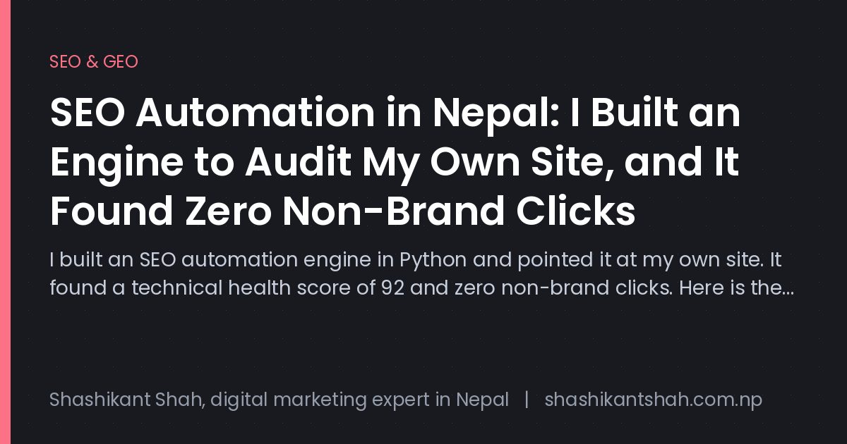 SEO automation engine dashboard output for a Nepali website audit